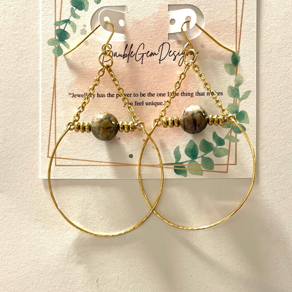 Picasso Jasper Natural Stones Hoop Earrings-Gold plated chain in hook earrings